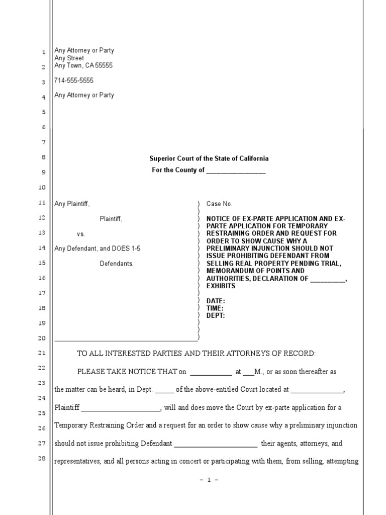 Sample ExParte Application for Temporary Restraining Order in