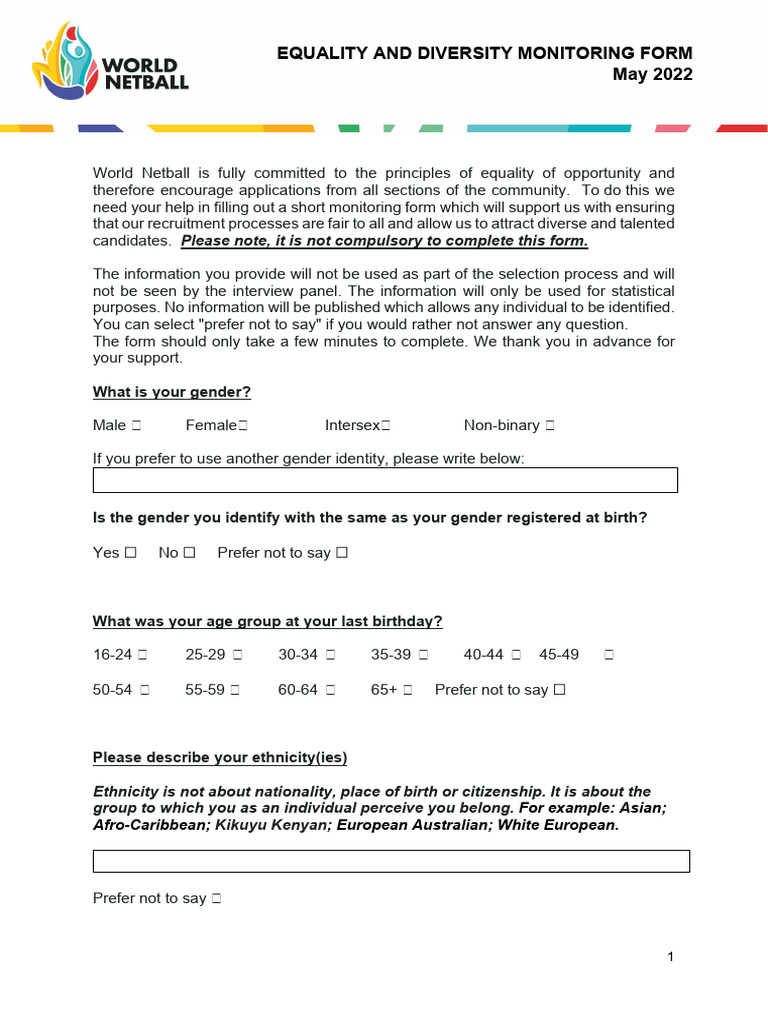World Netball Equality & Diversity Monitoring Form 2022 | PDF ...