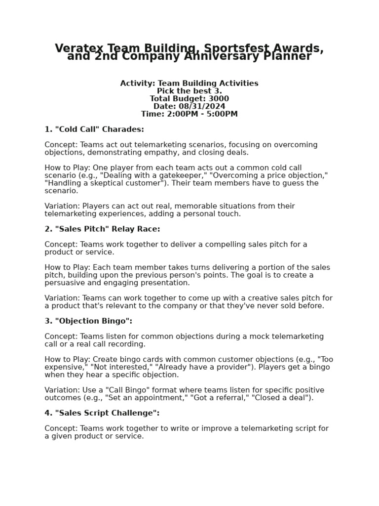 Veratex Team Building Activities Plan | PDF | Human Communication ...