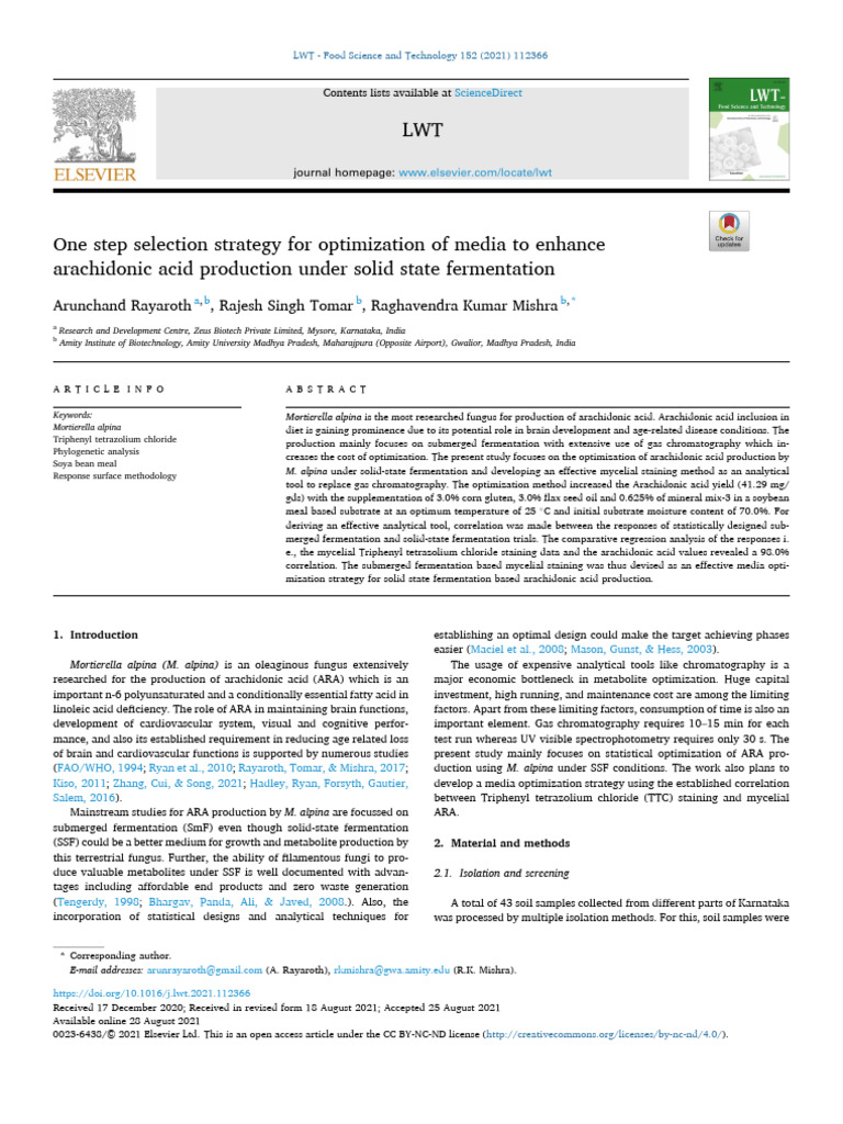 One Step Selection Strategy For Optimization of Media To Enhance | PDF