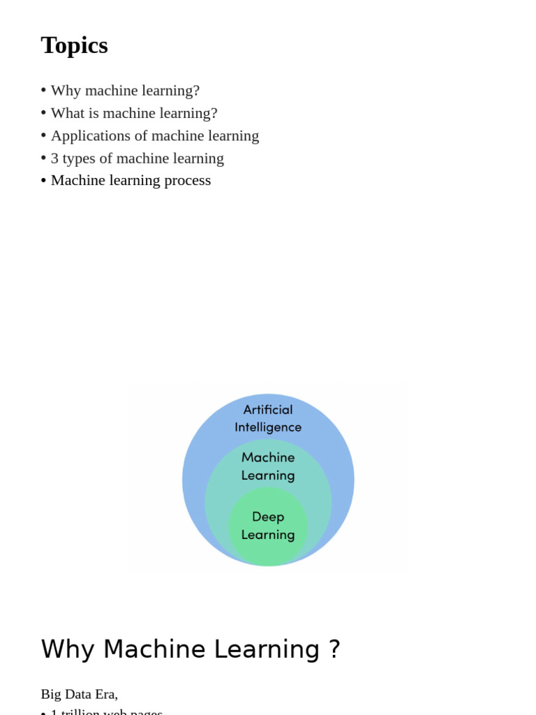 Topics: Why Machine Learning? What Is Machine Learning? Applications of ...