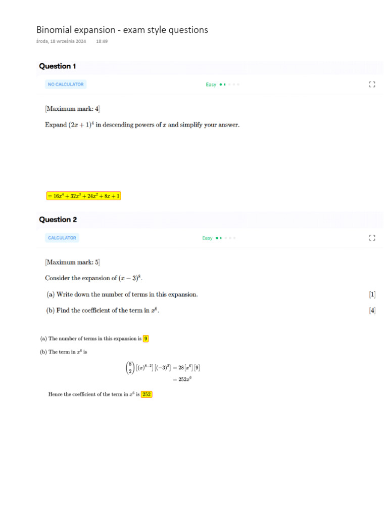 Binomial expansion exam style questions pdf
