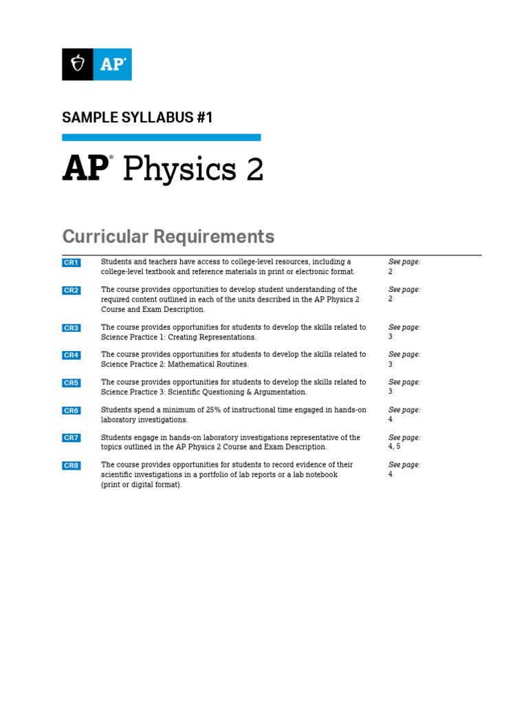 AP Physics 2 Sample Syllabus 2024 | PDF | Optics | Series And Parallel ...