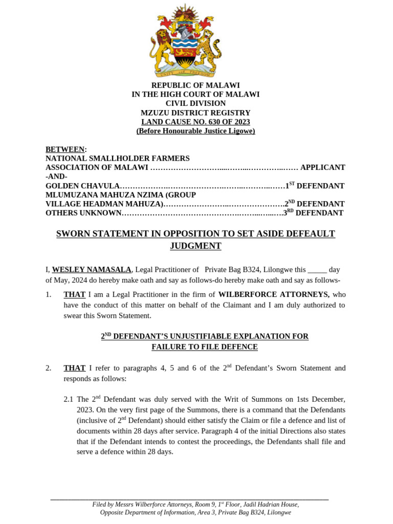 Sworn Statement in Opposition - NASFARM V GOLDEN CHAVULA | PDF