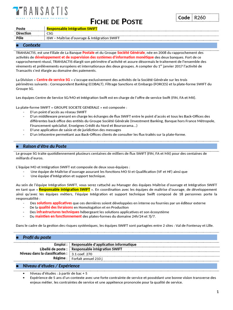 Transactis - Responsable Intégration SWIFT | PDF