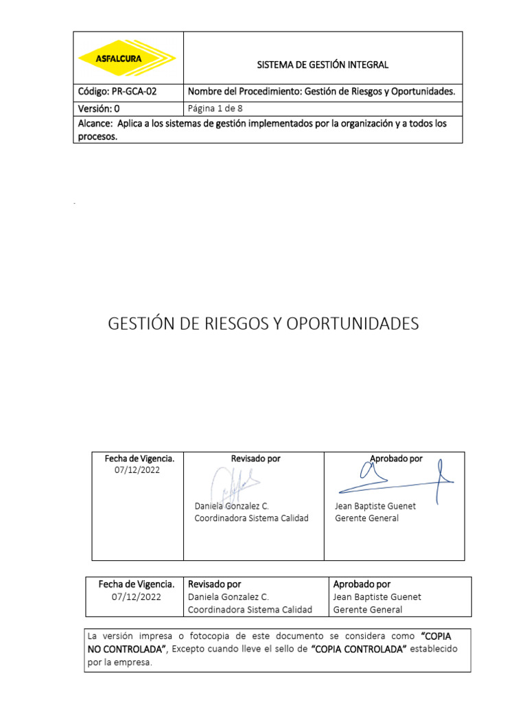PR-GCA-02 Gestión de Riesgos y Oportunidades | PDF
