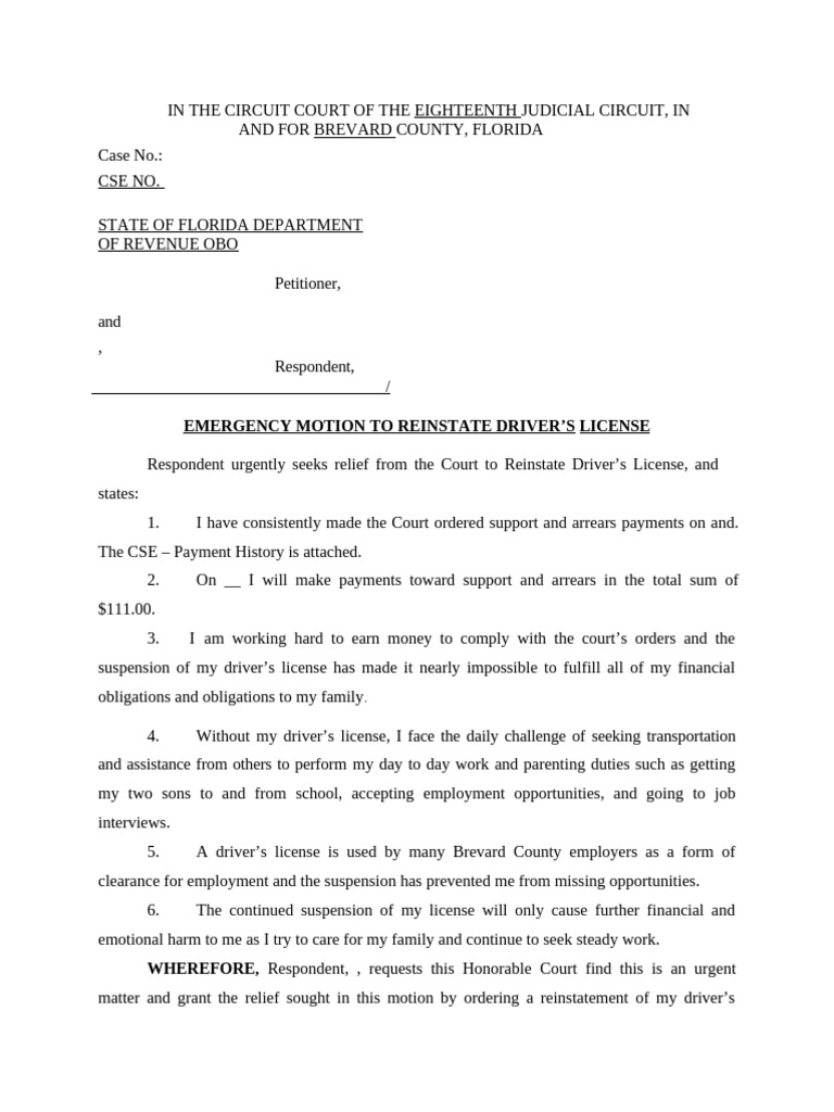 Motion To Reinstate Drivers License PDF Law