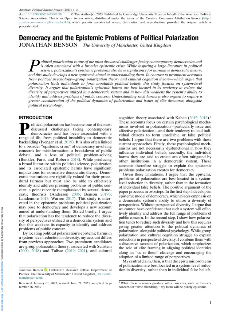 Democracy and The Epistemic Problems of Political Polarization | PDF ...