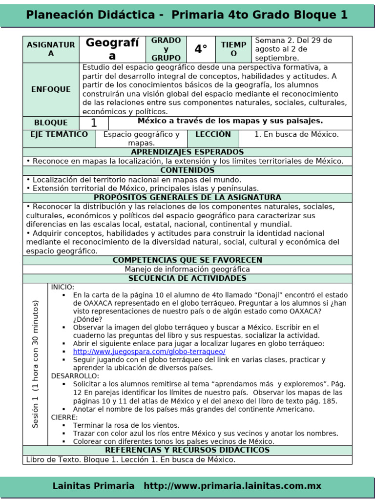 Plan 4to Grado - Bloque 1 Geografía (2016-2017) | PDF