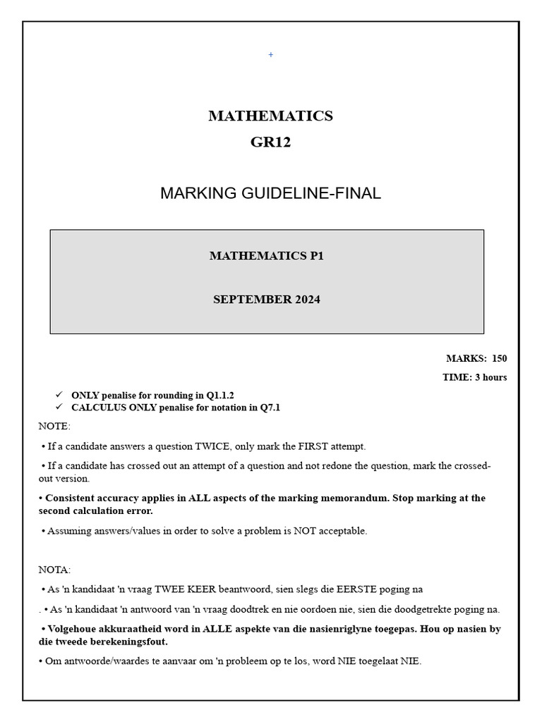 G12 Maths P1 Sept Cape Winelands 2024 Memo | PDF