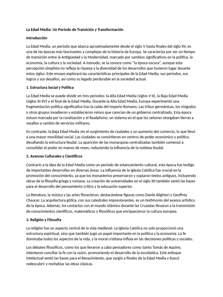 La Edad Media: Transformación y Legado | PDF | Edades medias | Historia