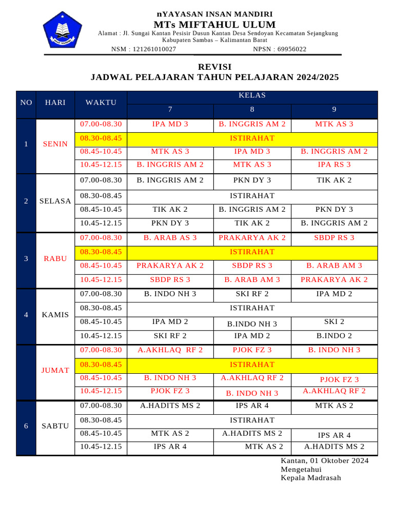 Jadwal Pelajaran 2024 2025 | PDF