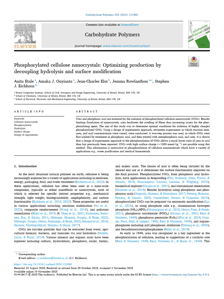 Phosphorylated Cellulose Nanocrystals - Optimizing Production by ...