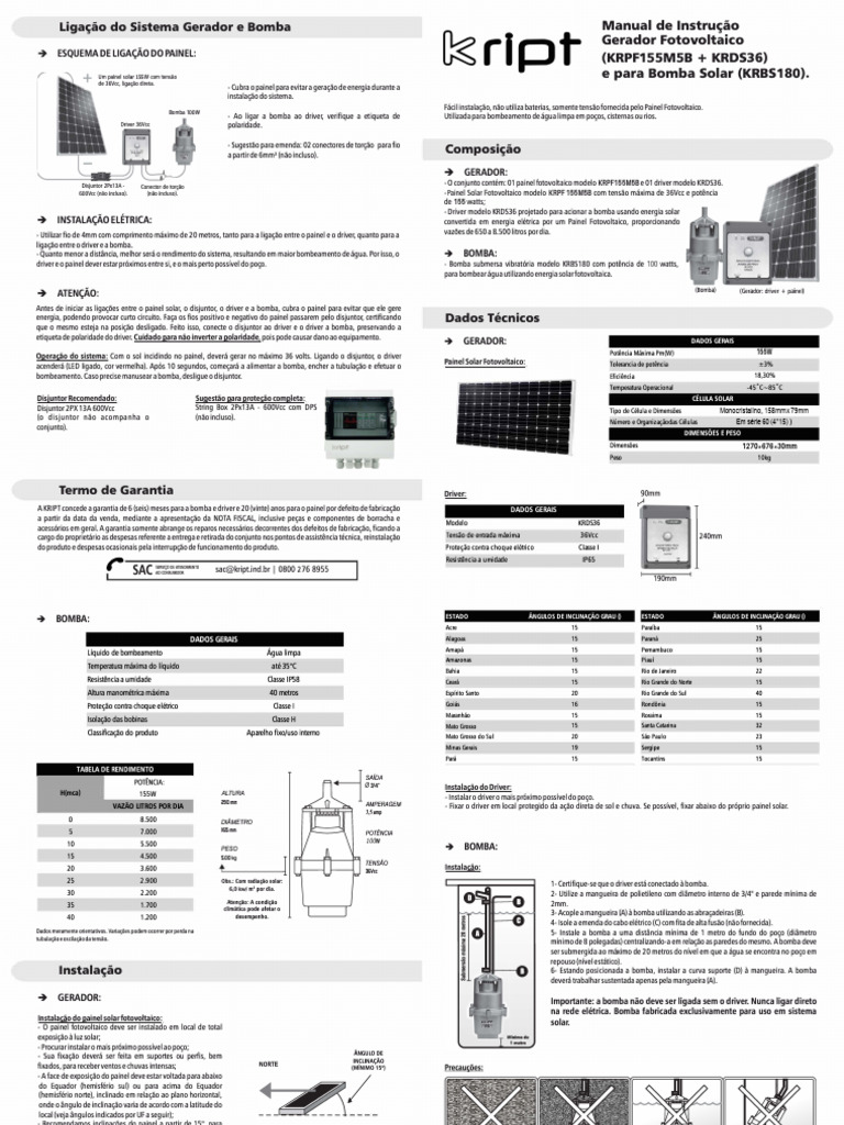 Bombas KRIPT Solar - Manual de Instrução v2 | PDF