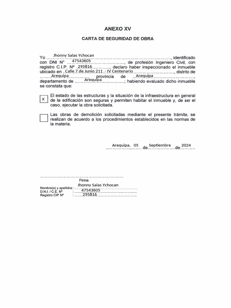 Carta de Seguridad y Demolicion | PDF