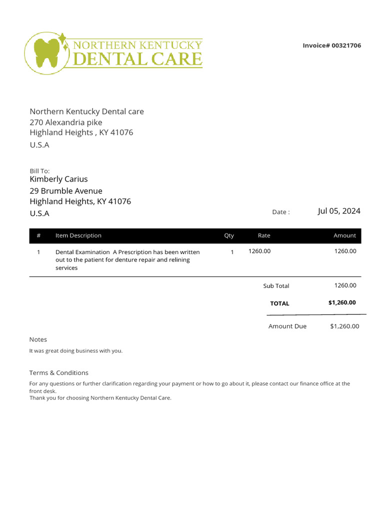 Dental Invoice for Treatment Services | PDF