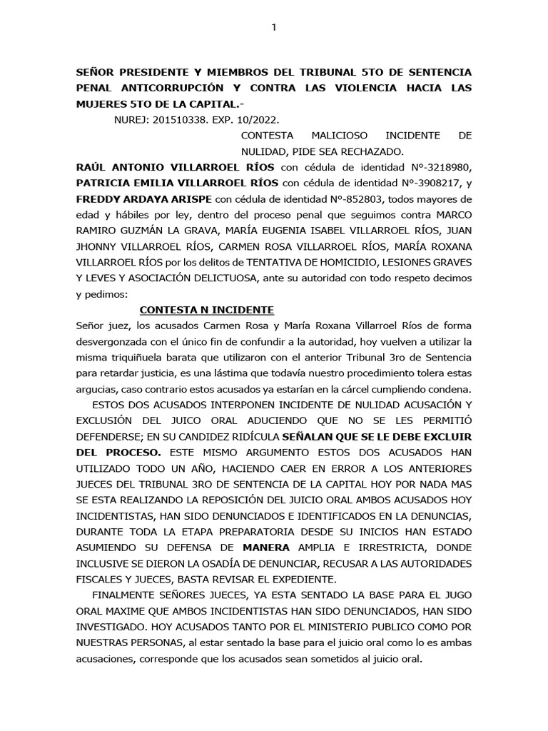 Contesta Malicioso Incidente de Nulidad | PDF | Sentencia (ley) | Justicia