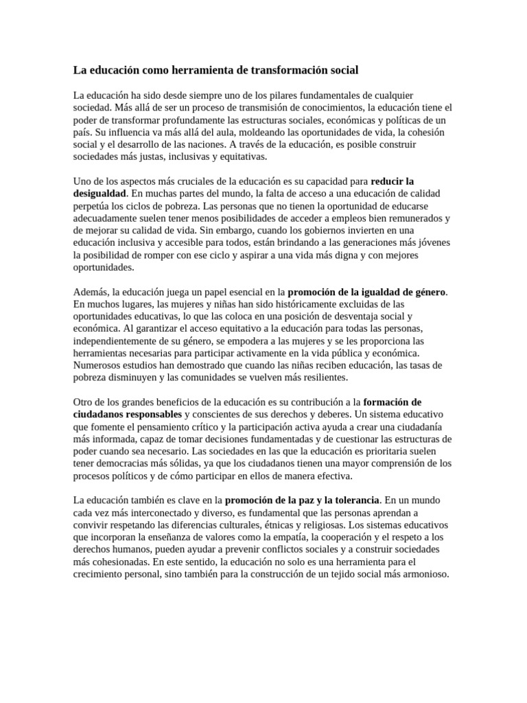 La Educación Como Herramienta de Transformación Social | PDF