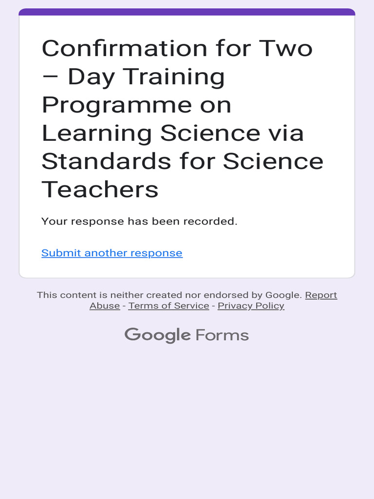 Confirmation for two day training programme on learning science via