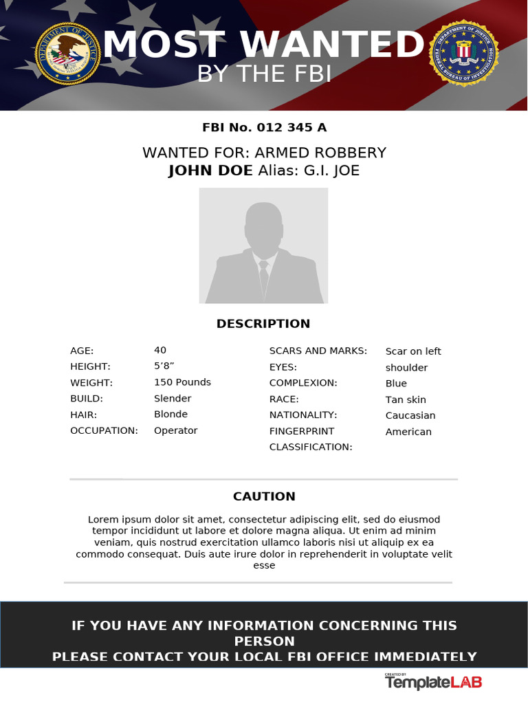 FBI Most Wanted Poster Template | PDF, image size:768x1024