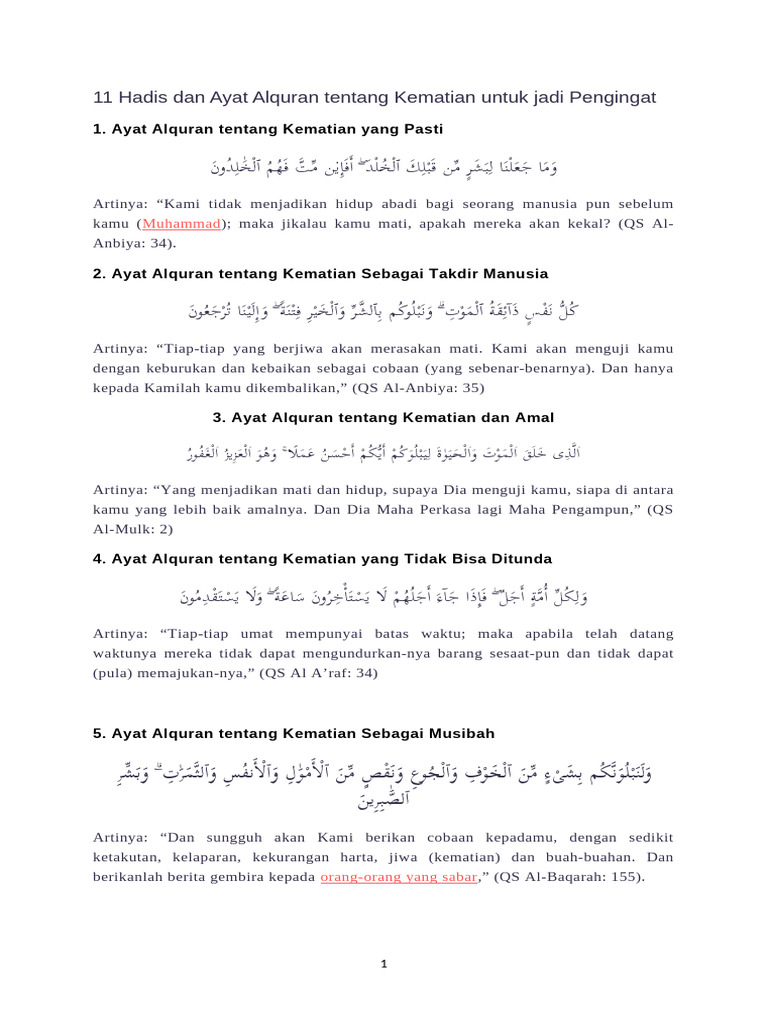 11 Hadis Dan Ayat Alquran Tentang Kematian Untuk Jadi Pengingat | PDF