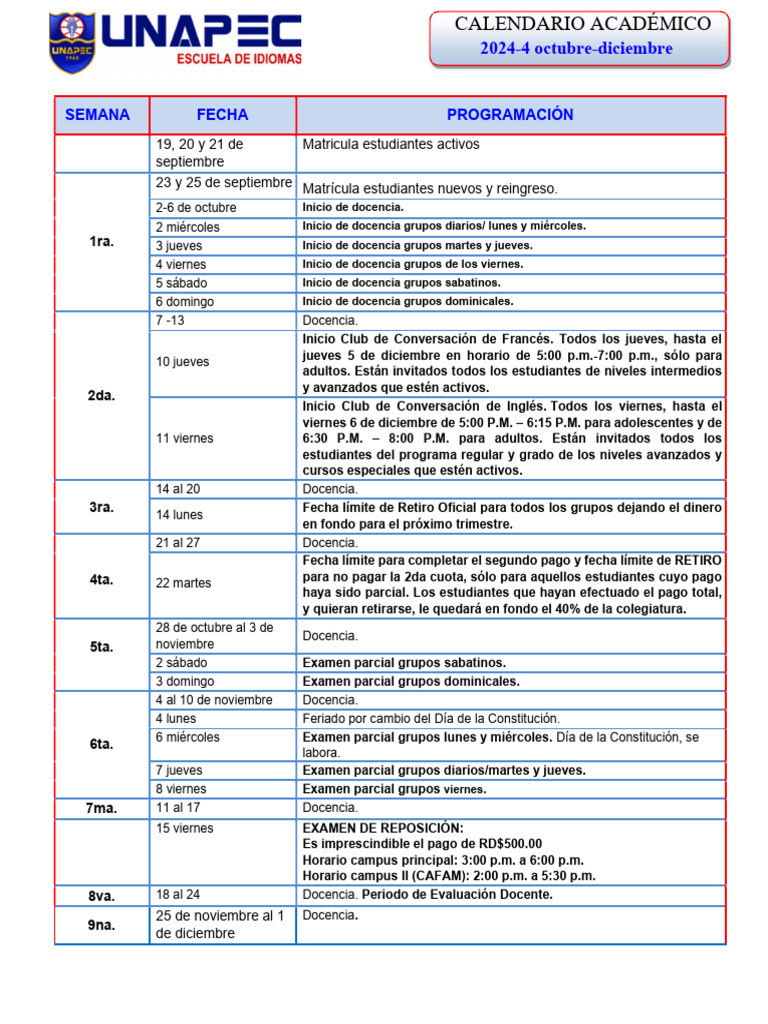 Calendario Académico 2024 4 | PDF
