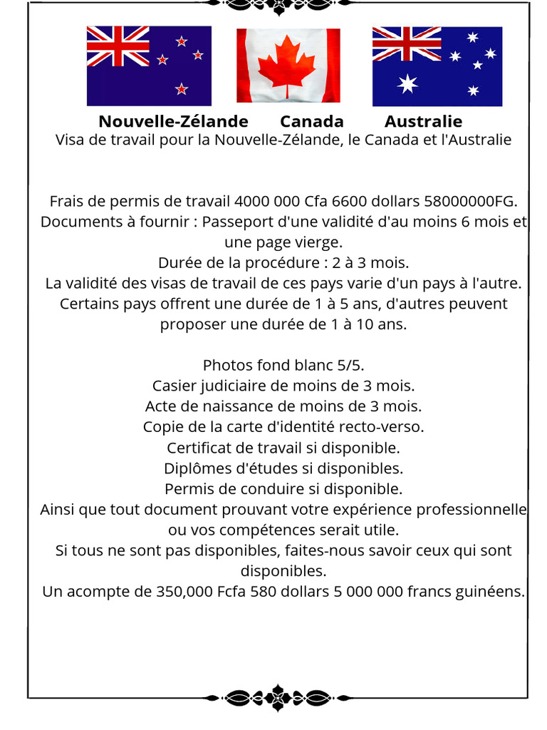 Procédure de Visa de Travail Pour Le Canada, L'australie Et La Nouvelle ...