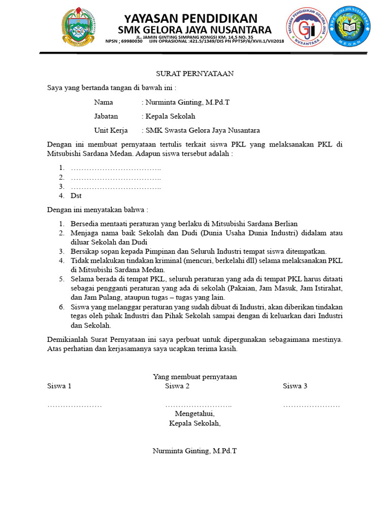 Draft Surat Pernyataan PKL | PDF