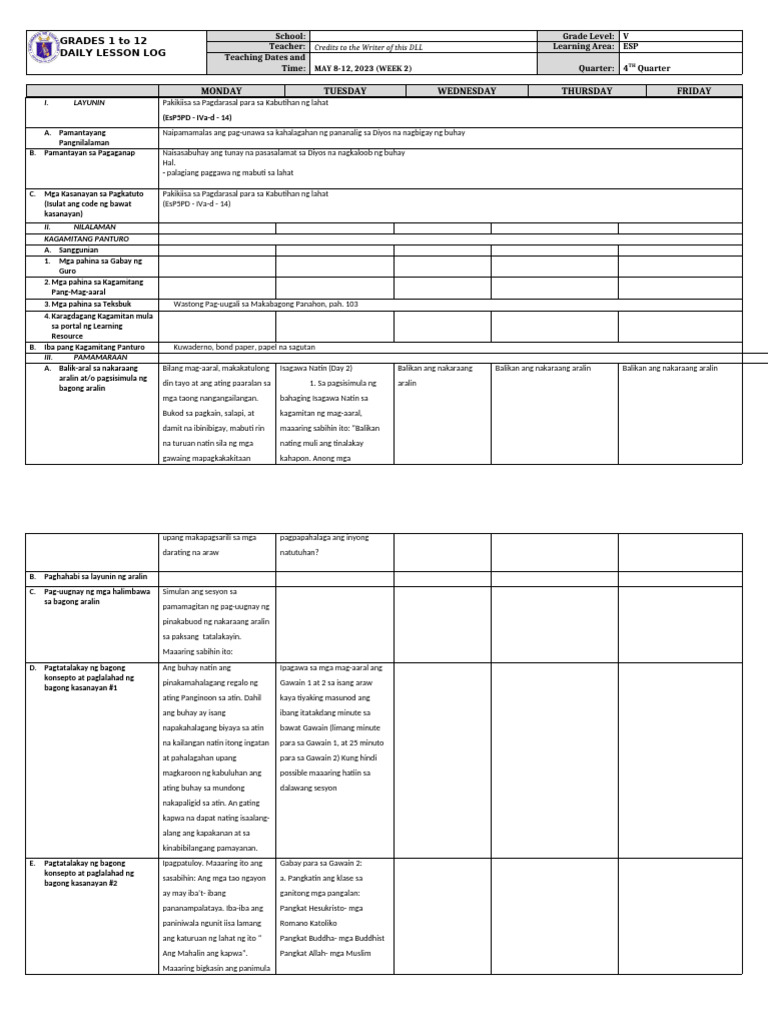 Grade 5 DLL Esp 5 q4 Week 2 | PDF
