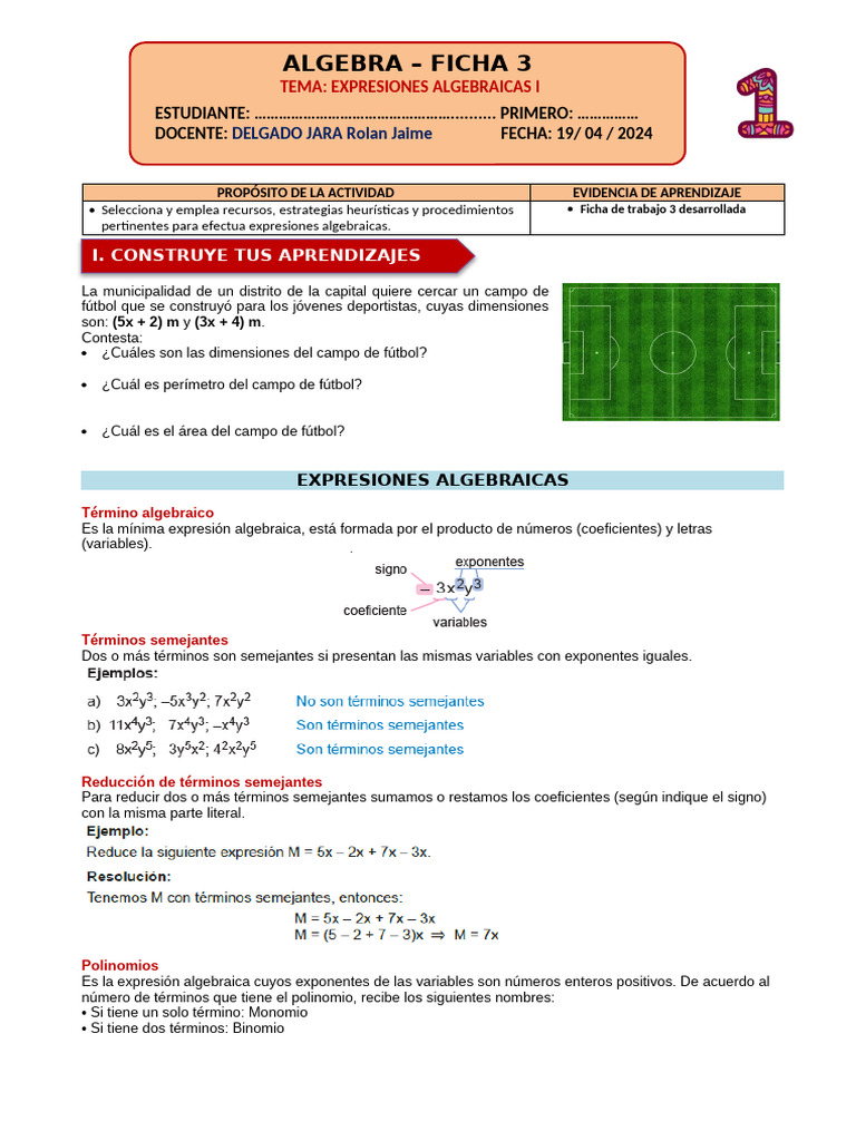 Ficha 3 - Expresiones Algebraicas | PDF | Sustracción | Métodos y ...
