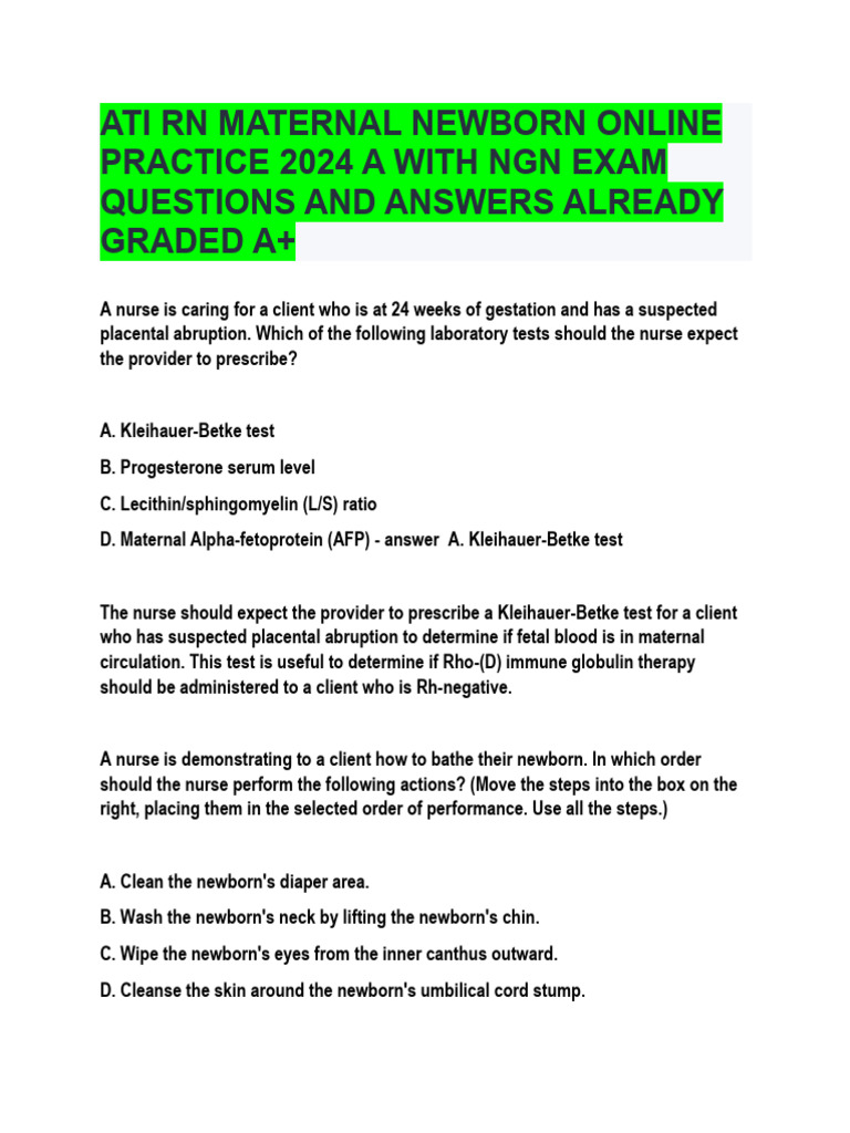 Ati RN Maternal Newborn Online Practice 2024 A With NGN Exam Questions ...