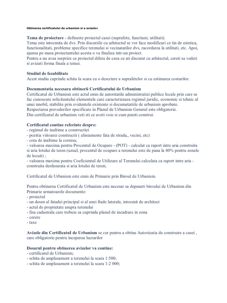 Obtinerea Certificatului De Urbanism Si A Avizelor