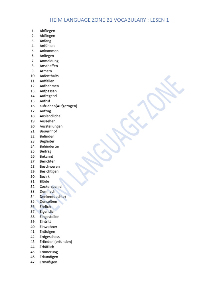 Heim Language Zone B1 Vocabulary: Lesen 1 | PDF