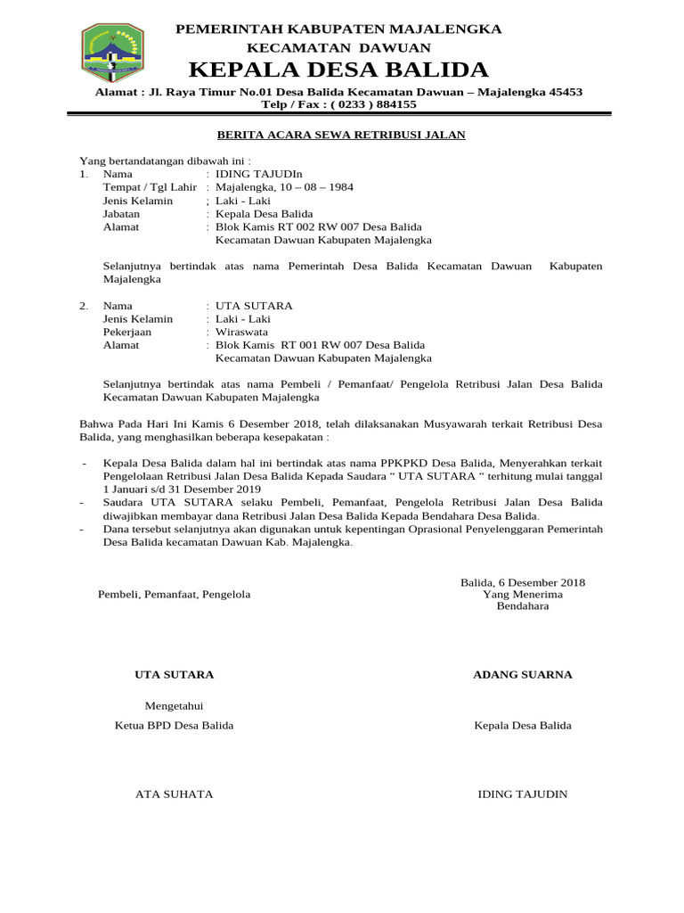 BERITA ACARA SEWA RETRIBUSI JALAN | PDF