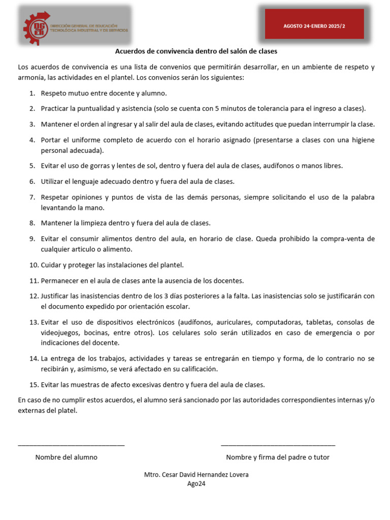 1 Acuerdos De Convivencia Dentro Del Salón De Clases Pdf