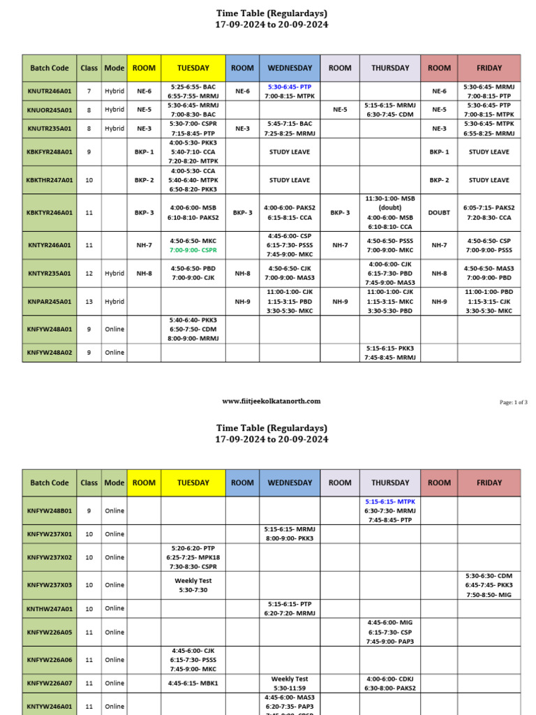 Time Table: 17-20 Sept 2024 | PDF