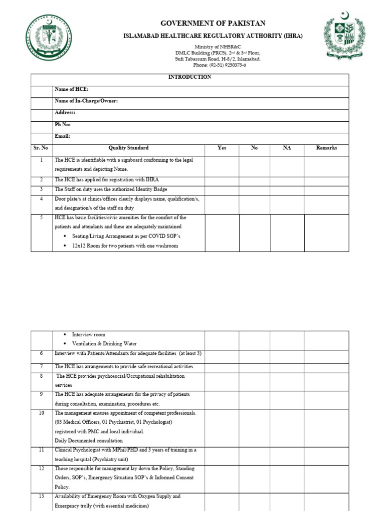 Checklist For Rehabilitation Center | PDF