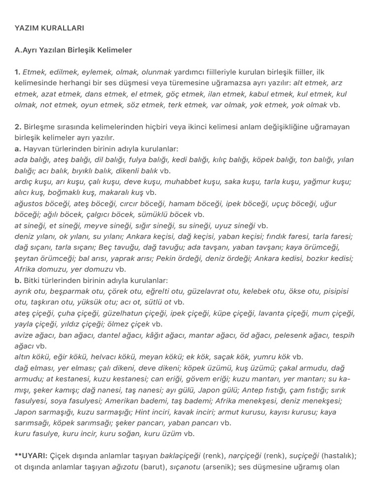 Yazim Kurallari A.Ayrı Yazılan Birle Ik Kelimeler 1 | PDF