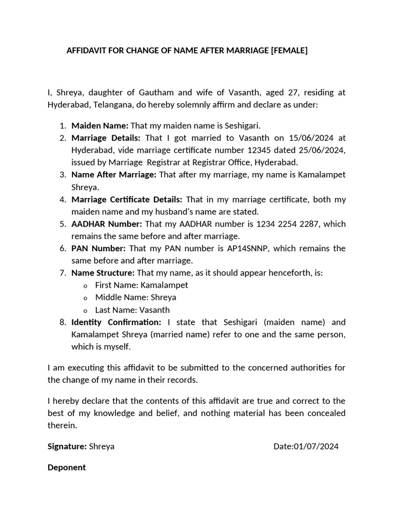 AFFIDAVIT FOR CHANGE OF NAME AFTER MARRIAGE PDF