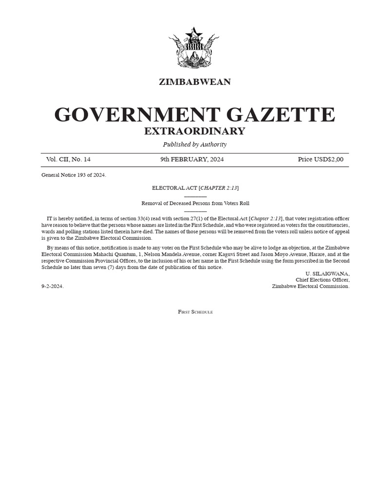 ZW Government Gazette Dated 2024 02 09 No 14 | PDF | Zimbabwe ...