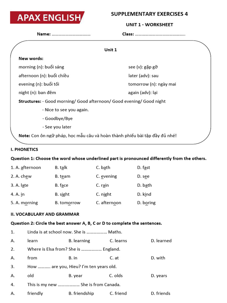 Grade 4 - Unit 1 - Worksheet | PDF | Grammar | Linguistics