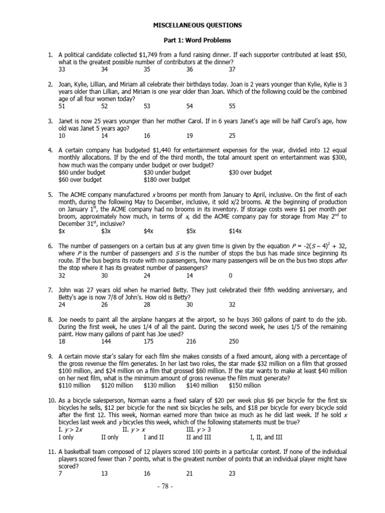 Miscellaneous Questions (Word Problems + Algebra) | PDF