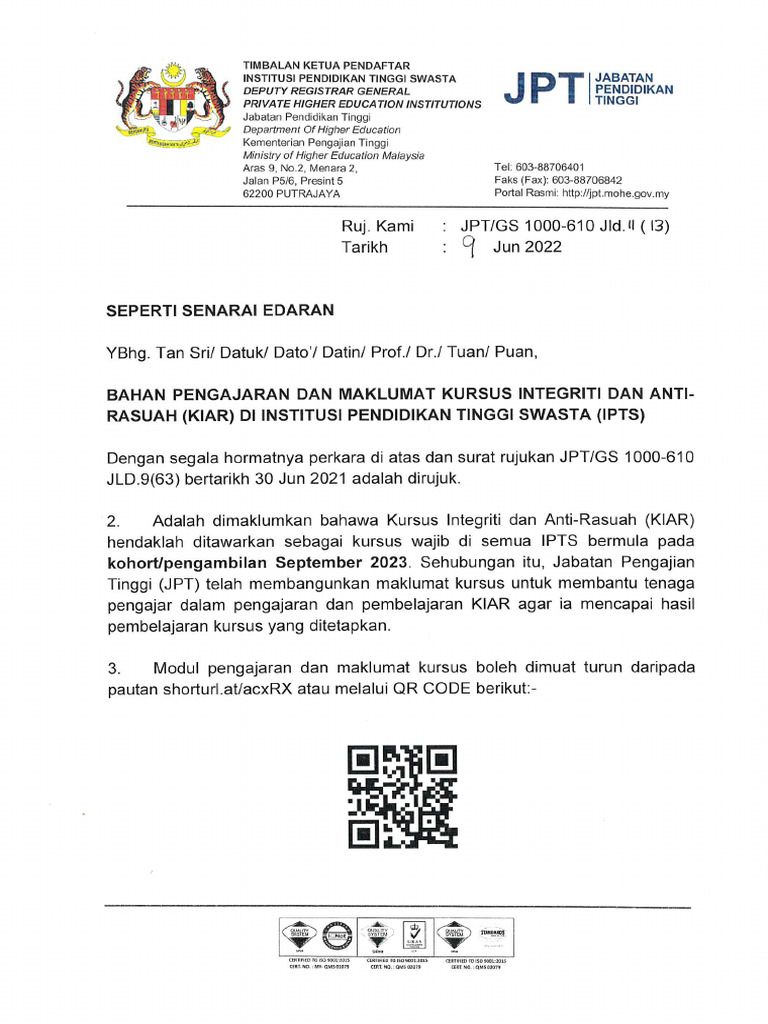 Bahan Pengajaran Dan Maklumat Kursus Integriti Dan Anti Rasuah Ikiar | PDF