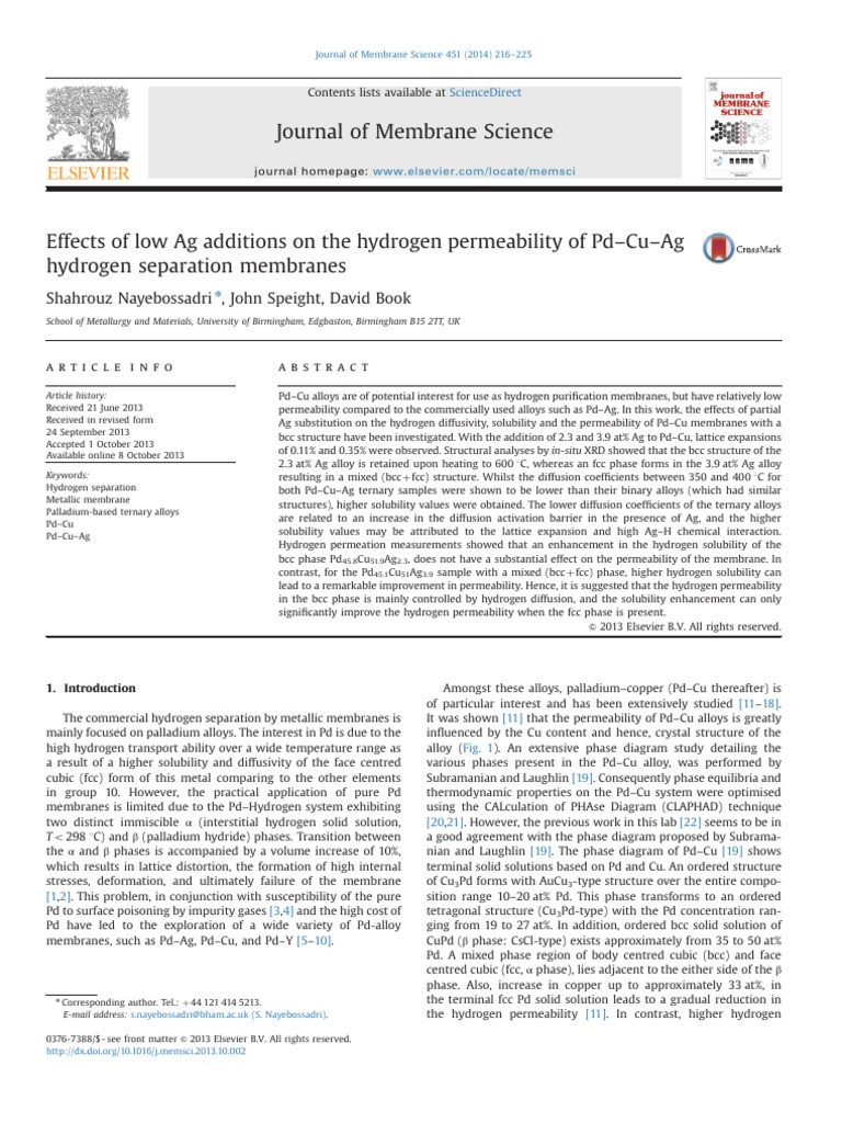 Effects of Low Ag Additions On The Hydrogen Permeability of Pd-Cu-Ag | PDF