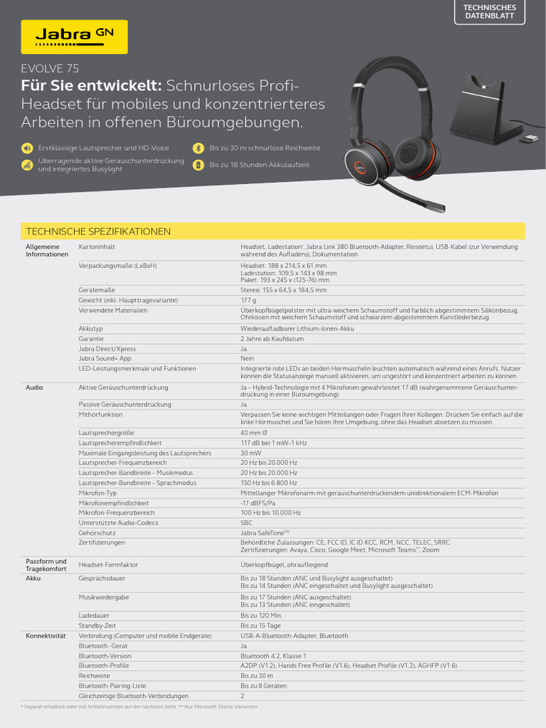 Jabra Evolve 75 Techsheet A4 280622_DE_WEB | PDF