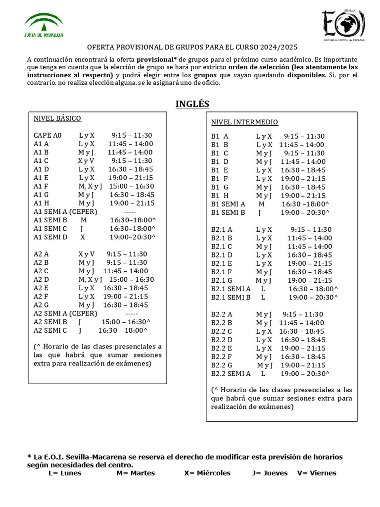 OFERTA PROVISIONAL DE GRUPOS INGLÉS PARA EL CURSO 20242025 PDF