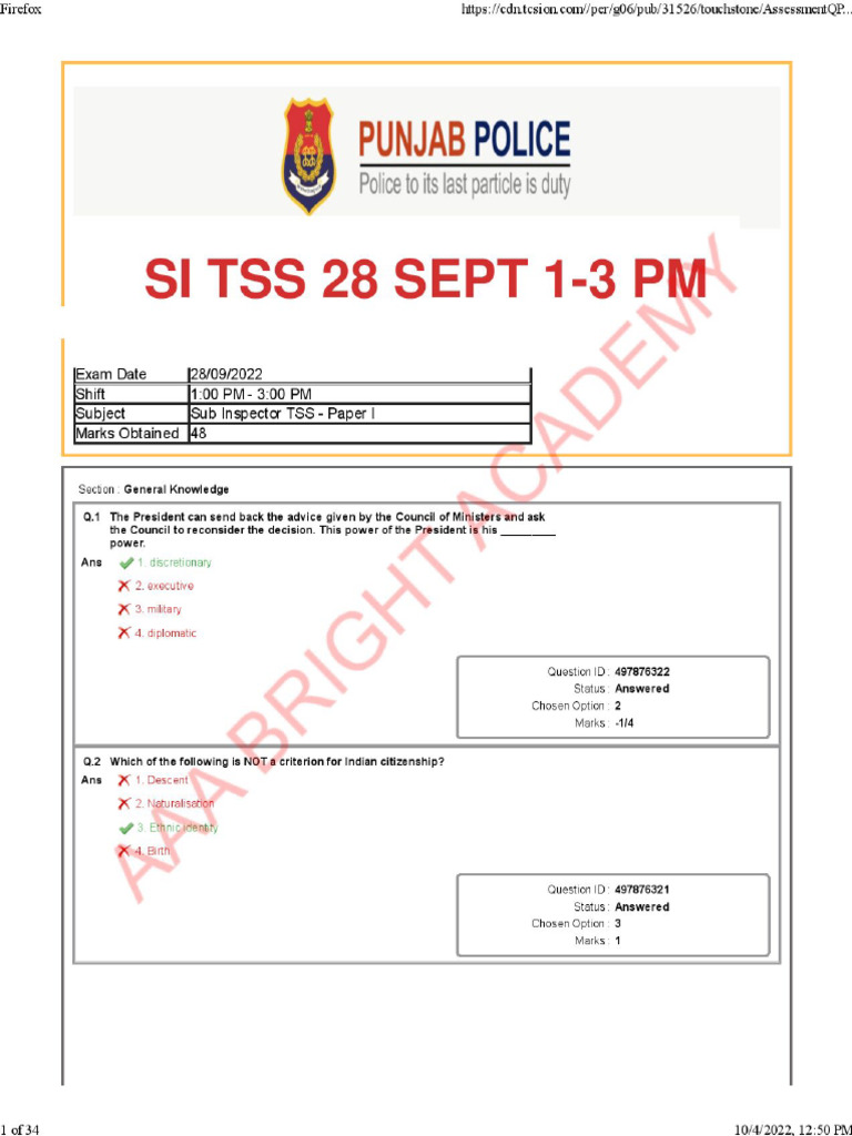 Si Tss Paper 1 (3 Shifts) | PDF