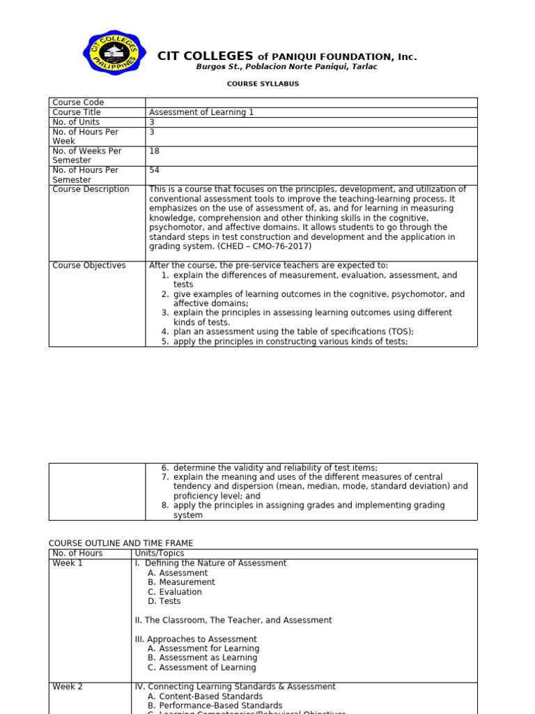 Assessment of Learning 1 Syllabus | PDF | Educational Assessment | Learning