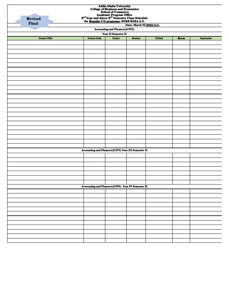 Revised Final 2nd Year & Above 2nd Semester Class Schedule For Regular ...
