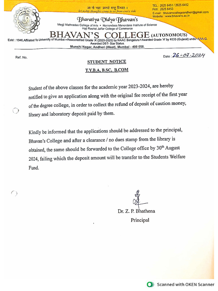 Caution Money Notice For Degree College Students | PDF